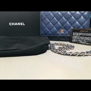 CHANEL Navy Lambskin Leather WOC w/Silver Chain